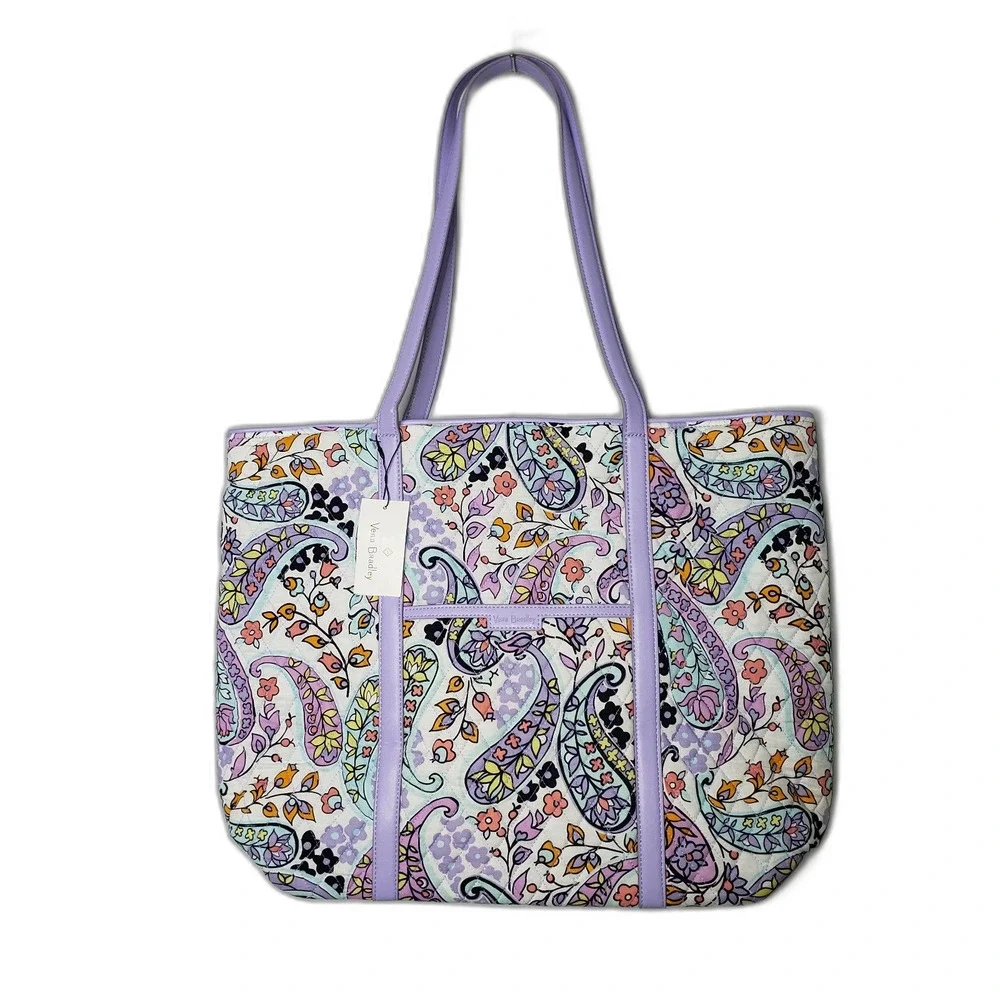 VERA BRADLEY Maddalena Paisley Soft Trimmed Vera Tote Bag White and Purple NEW